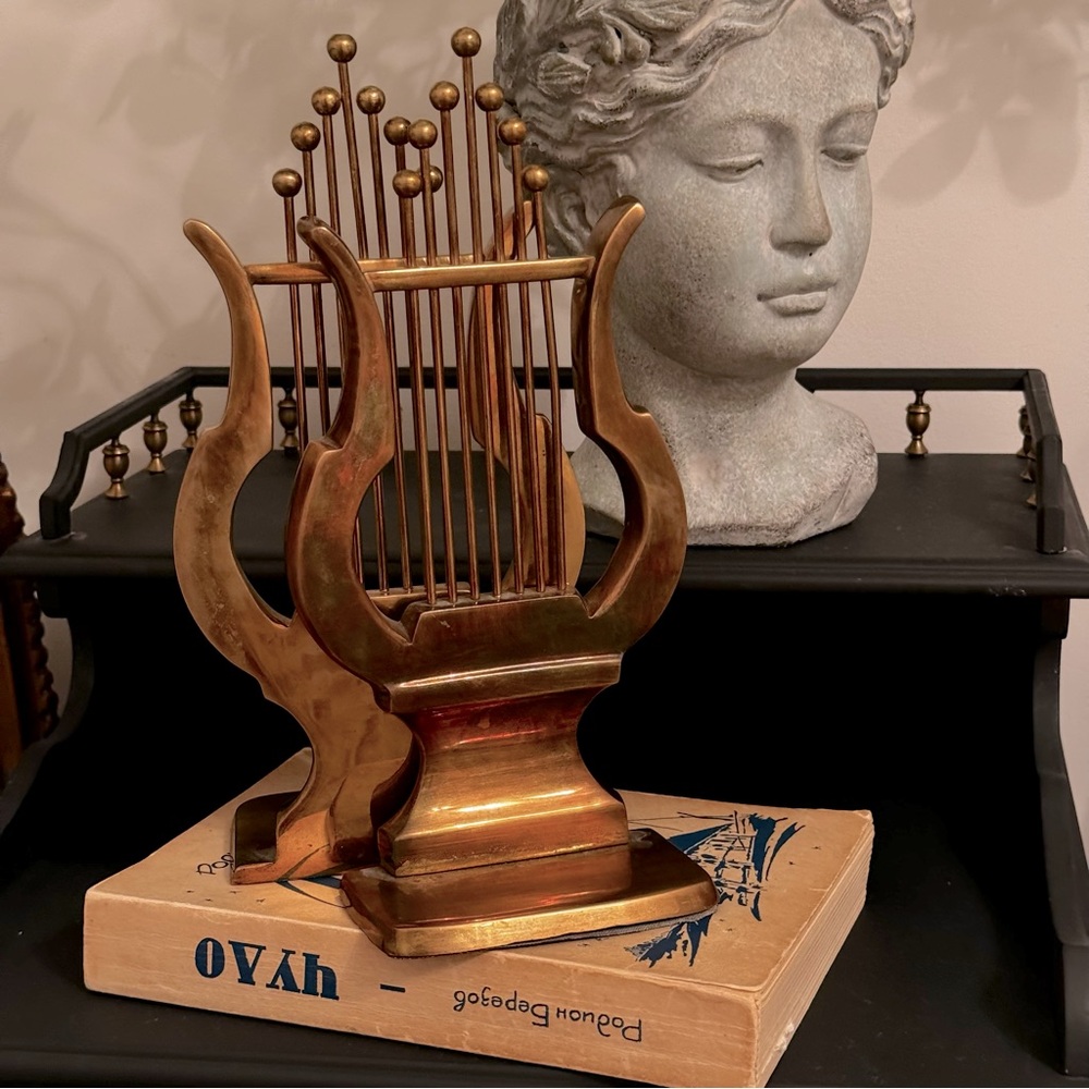 Vintage Brass Bookends, Sadek Lyre, Harp Style Solid Brass Bookends
